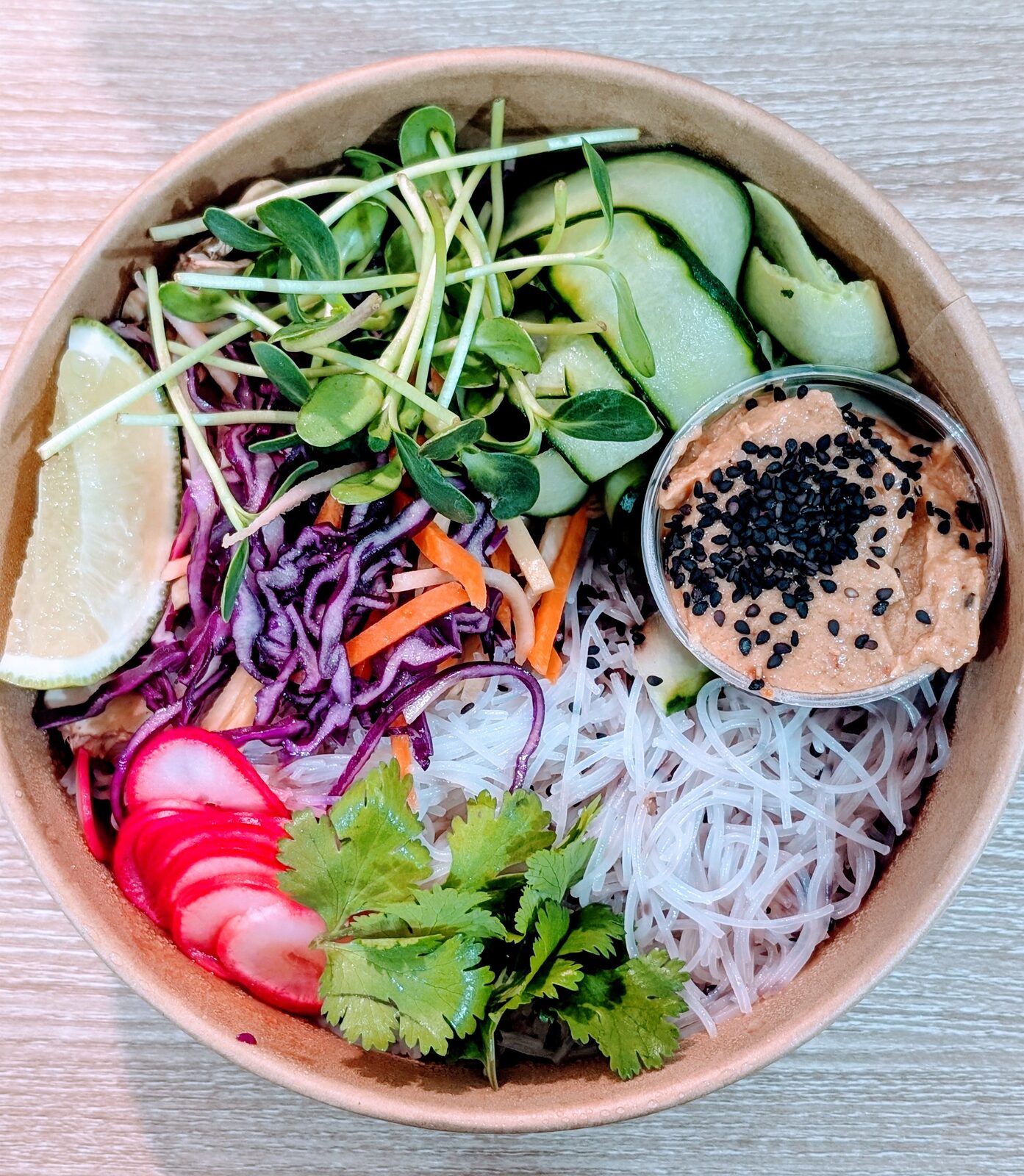 Fresh peanut noodle bowl with cucumber, sprouts, red cabbage, carrots, radish, and peanut sauce